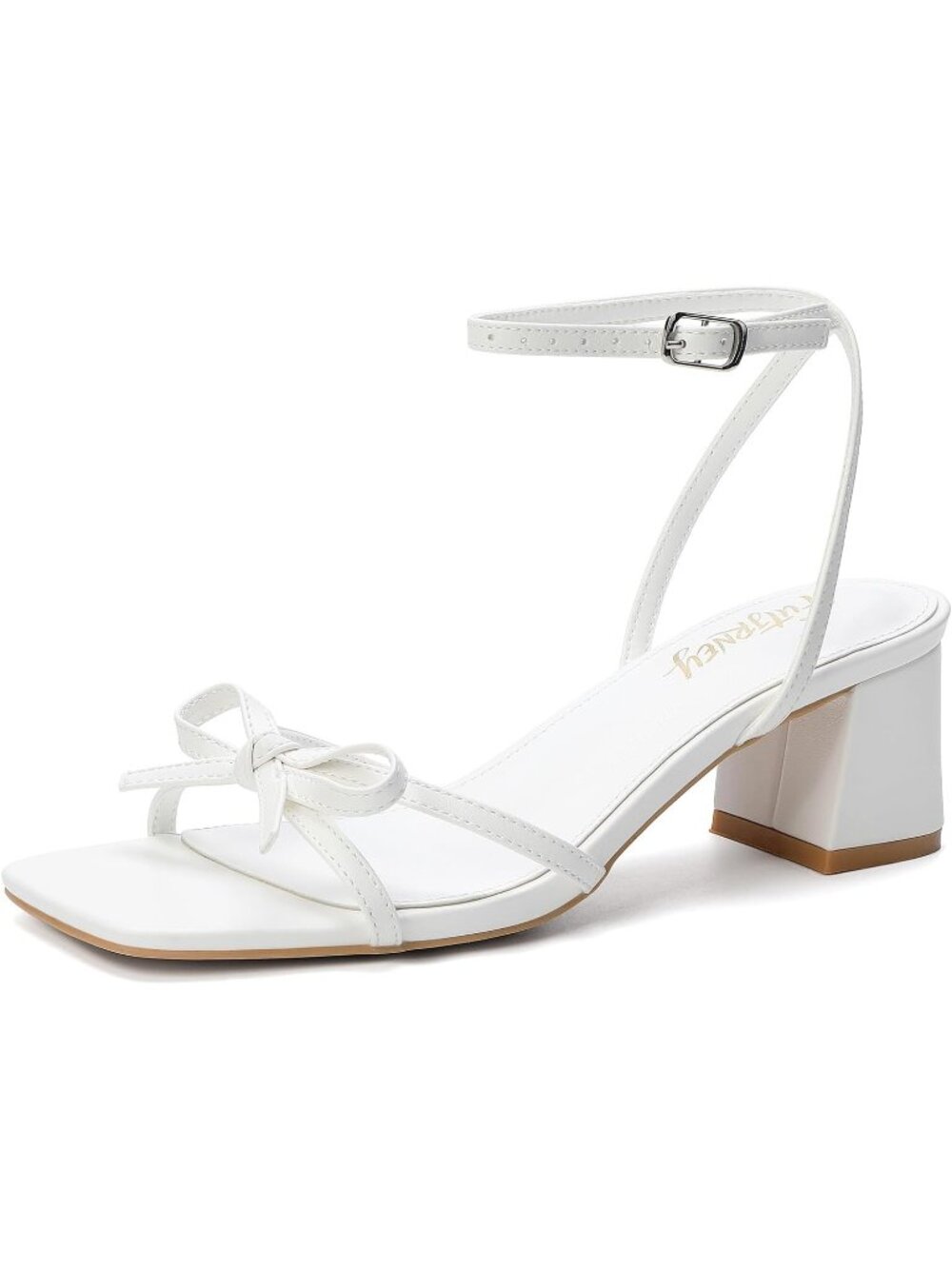 Women's White Square Open Toe Bow Strappy Block Chunky Stylish Low Heels Sandals